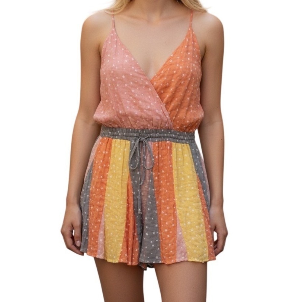 STORIA Star Patchwork Print Lined Adjustable Strap Drawstring Waist Romper Small